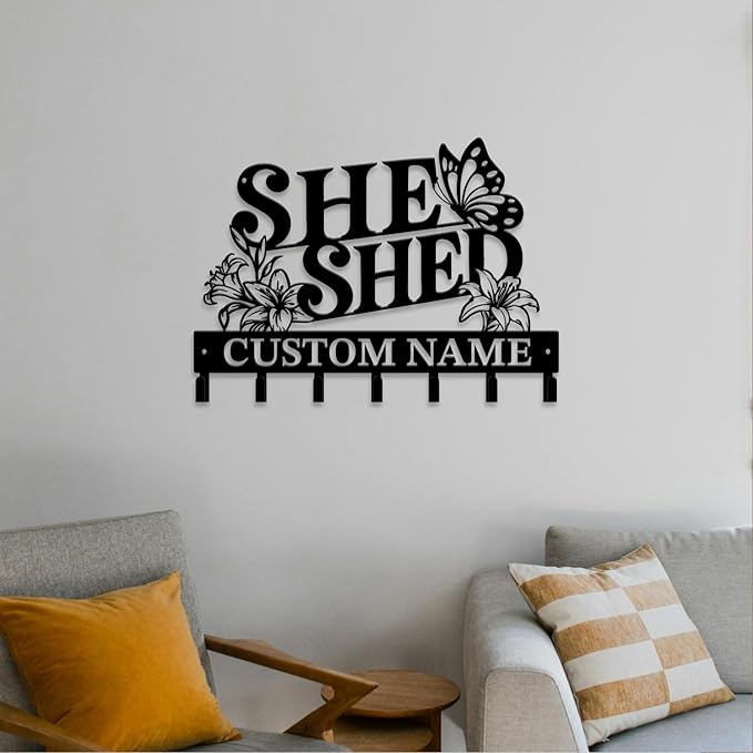 Personalized She Shed Metal Keys Hooks,Custom Name Metal She Shed Keys Hooks,Black Metal She Shed Wall Home Storage Decorative Keys Hooks,Key Holder Hooks for Wall (Style B)