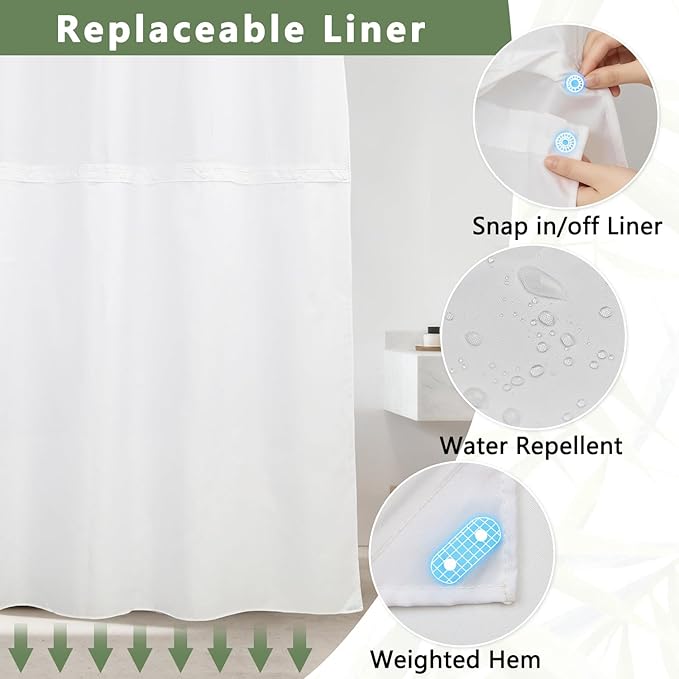 Grass Green Bamboo Leaves Shower Curtain and Liner Set, Waterproof Washable Fabric No Hook Shower Curtain, Modern Nature Botanical Aesthetic Bathroom Curtains with Top Sheer Window, 71x74 Inch