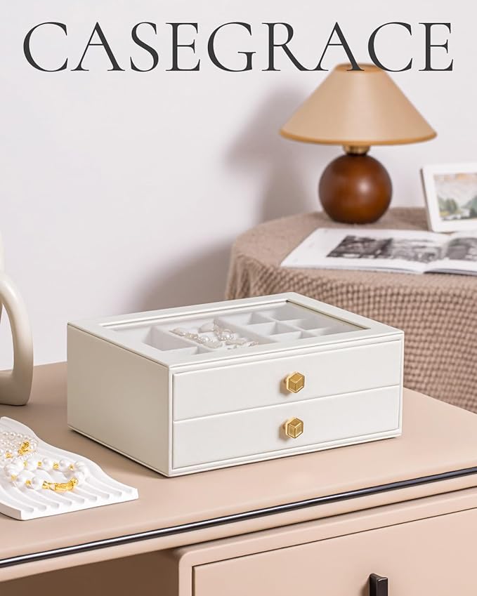 CASEGRACE Jewelry Box for Women with Glass Lid - Leather Jewelry Storage Organizer 2 Drawers for Necklaces, Rings, Earrings & Bracelets, Ideal Gift (White, 2 Layer)
