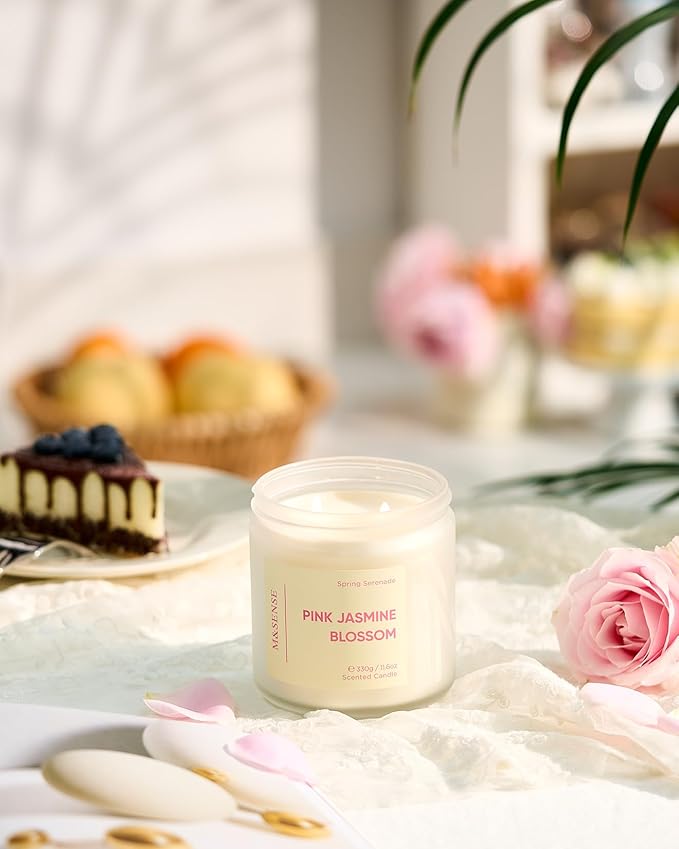 M&SENSE Pink Jasmine Rose Scented Candle - 11.6oz Natural Soy Wax 70-Hour Long Lasting Burn Time, 2-Wick Spring Non-Toxic Romantic Candle for Home Decor Flower Scent Gifts for Her Him