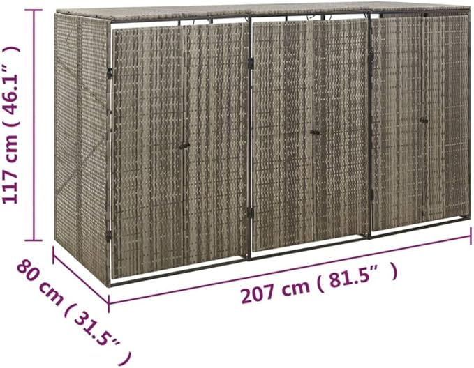 Triple Wheelie Bin Shed Garbage Can Storage Shed, PE Trash Container Management Unit, Outdoor Patio Recycling Dustbin Trash Shed, Gray 81.5"x31.5"x46.1" Poly Rattan