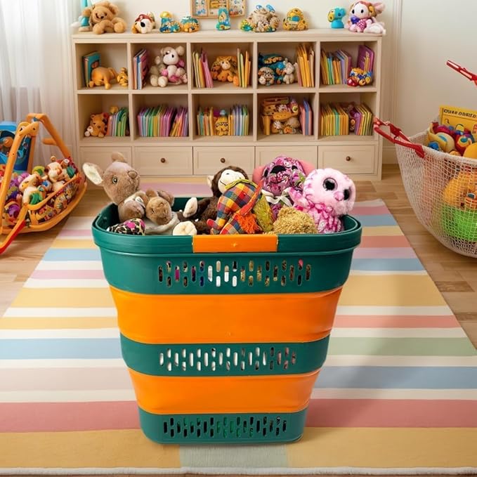 SAMMART 38L(10 Gal) Collapsible Laundry Basket - Foldable Pop-Up Storage Container/Organizer-Portable Space Saving Hamper, Measure 17.5x13.3x15.7"/3.8" Expanded/Collapsed (1, Teal Green/Autumn leaf)