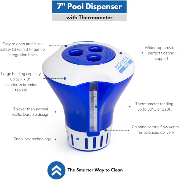 Aquatix Pro Pool Chlorine Floater Dispenser with Thermometer for 1 to 3 inch Tablets, Large & Durable Floating Dispenser for Spa, Hot Tub, In-ground & Above Ground Pools, Adjustable Flow Rate