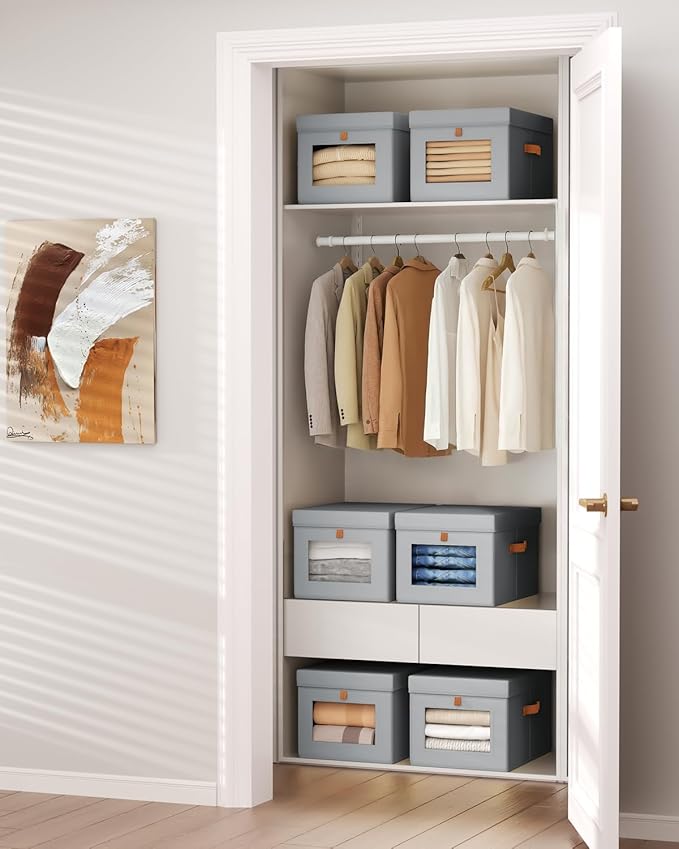 Storage Bins with Lid – Closet Organizer with Side Opening and Clear Window, Foldable Stackable Fabric Basket for Clothes, Home, Office - 13.77" x 11.8" x 9.8", 6 Pack, Grey