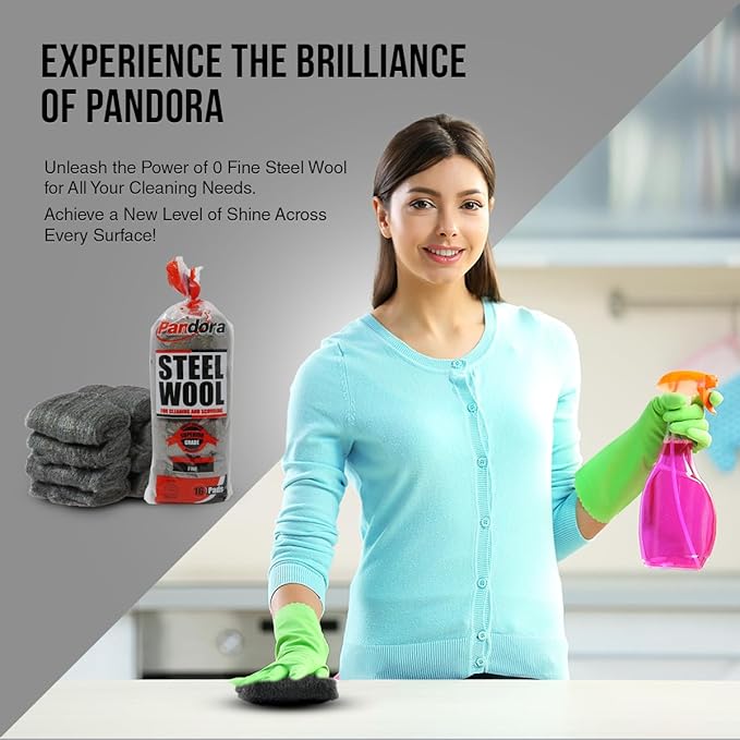 Pandora Steel Wool #0 - Fine Grade, 240 Pads for Cleaning and Scouring- Metal Strands - Ideal for Cleaning Porcelain, Tile, Grout, and Shower Doors