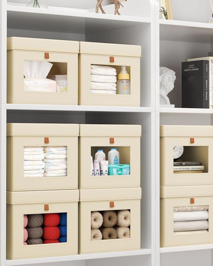 Storage Bins with Lid – Closet Organizer with Side Opening and Clear Window, Foldable Stackable Fabric Basket for Clothes, Home, Office - 13.77" x 11.8" x 9.8", 6 Pack, Beige