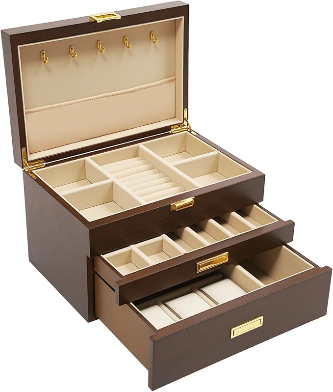 LOYALHEARTDY 3 Layers Wooden Jewelry Box Drawer, Large Jewelry Box Organizer for Women for Ring Necklace Earring Bracelet Organizer Storage Display Box (Black Walnut)