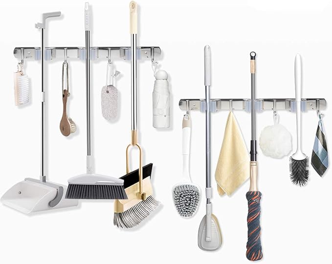 DGSL 4 PCS Broom Holder Wall Mount with 3 Racks 4 Hooks, Stainless Steel Wall Mounted Organizer Mop and Broom Storage Tool Rack for Home Kitchen Garden