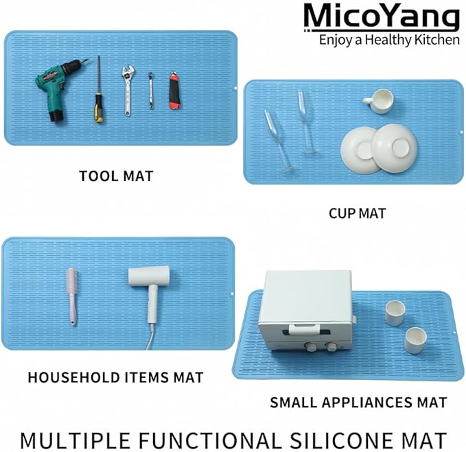 MicoYang Silicone Dish Drying Mat for Multiple Usage,Easy clean,Eco-friendly,Heat-resistant Silicone Mat for Kitchen Counter or Sink,Refrigerator or Drawer Liner Light Blue 5XL 36inches x 18inches