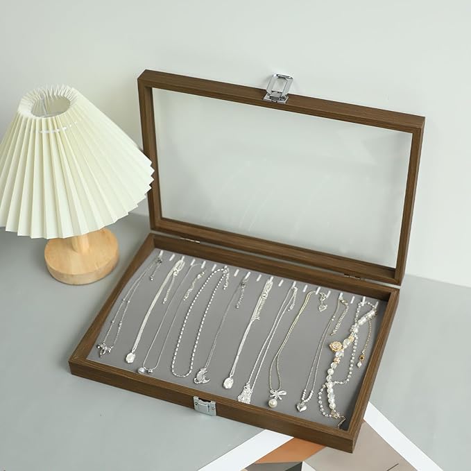 Stratalife Necklace Box Necklace Holder Organizer Wooden Jewelry Box Jewelry Storage Display for Vendors Organizer Tray with Clear Lid Vintage Style