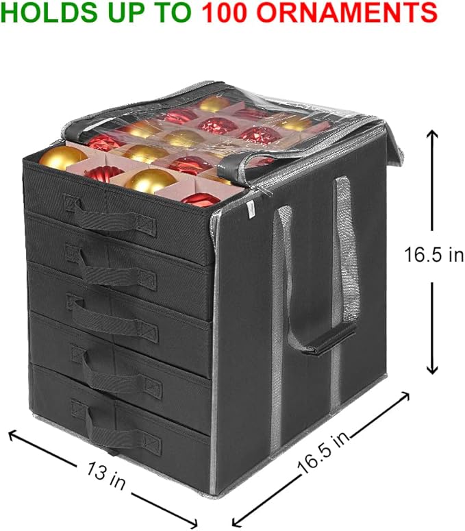 ProPik Christmas Ornament Storage Boxes with Dividers - 5 Separate Trays - Ornament Holder - Keeps 100 Holiday Ornaments - Durable Carrying Bag Handles Organizer Storage Box (Black)