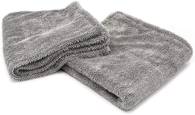 Autofiber Dreadnought Jr. Microfiber Car-Drying Towel, Superior Absorbency for Drying Cars, Trucks, and SUVs, Double-Twist Pile, One-Pass Vehicle-Drying Towel - Pack of 2 (16 inch x 16 inch, Gray)