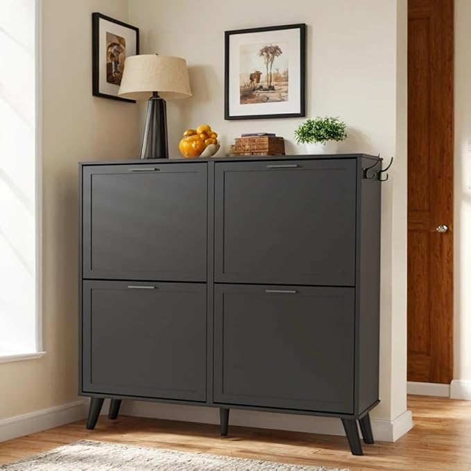 Black Large Shoe Cabinet fit up to Shoe Size 16, Freestanding Shoe Organizer with 4 Flip Drawers, Narrow Wooden Shoe Rack for Entryway, Closet, Living Room
