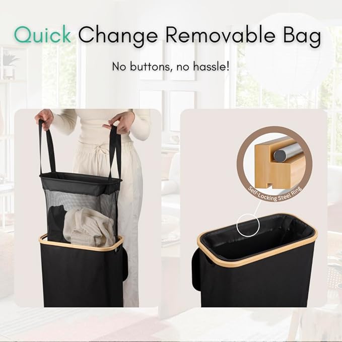 ErraLife Slim Laundry Hamper with Lid, 60L Capacity, Bamboo Handles, and Steel Ring Removable Inner Bag - Collapsible Clothes Basket Laundry Organizer for Bedroom, Bathroom, Dorm, Black