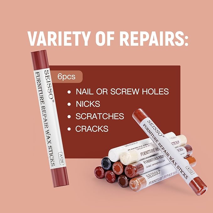 SEISSO Furniture Repair Crayon, 6 Pcs - Wood Filler Sticks, Scratch Repair Wax, Furniture Marking Repair - Scratch, Hole, Table, Wood Floor, Guitar, Covering, Instrument Fill Sticks -Red Cherry