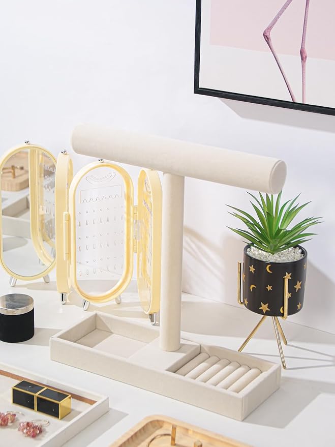 Justsoso Multi-Use Jewelry Holder Stand, Necklace Bracelet Ring Organizer Stand, Scrunchie Watches Velvet Jewelry Holder Stand With Tray for Women Home Use(Beige Color)