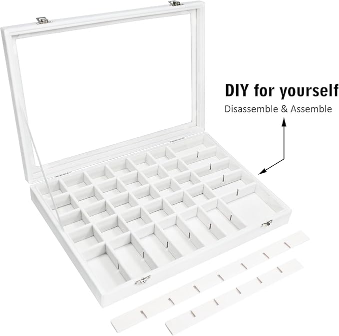 Velvet Jewelry Tray 48 Grid Jewelry Display Tray Organizer Box with Transparent Lid Rings Earrings Necklaces Pendants Display Box Suitable for Women and Girls (Ivory)