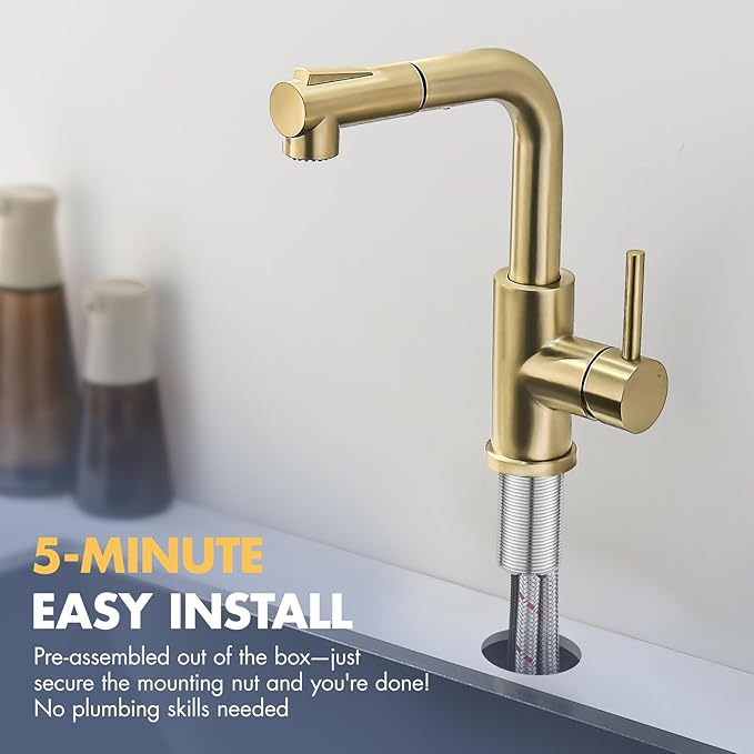 GIMILI Modern Bar Sink Faucet for Kitchen Sink Single Handle with Pull Out Sprayer Hot and Cold Prep Sink Faucet Brushed Gold