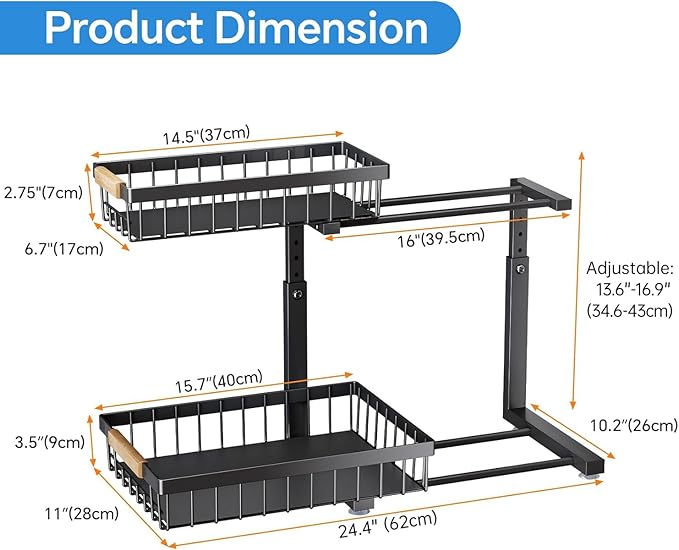 PXRACK Under Sink Organizer, Adjustable Height, 2 Tier Pull Out Under Cabinet Organizer, Slide Out Thickened Metal Under Sink Storage for Kitchen Bathroom Laundry Pantry Cabinet,1-Pack, Black