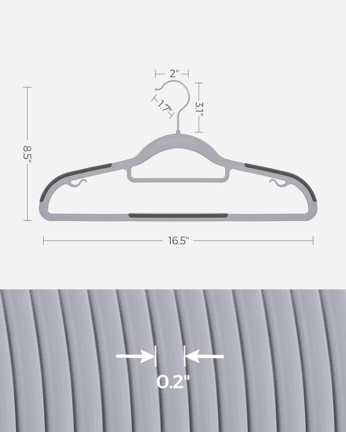 SONGMICS Pack of 100 Coat Hangers, Space-Saving Plastic Clothes Hangers, Non-Slip, 0.2 Inches Slim, 16.5 Inches Wide, 360° Swivel Silver Hook, Light and Dark Gray UCRP020G010