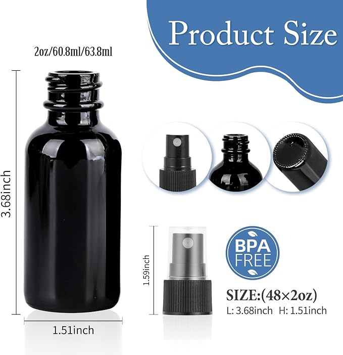 2oz UV Resistant Glass Spray Bottle, Fine Mist Boston Glass Bottles with Black Fine Mist Sprayer Small Clear Bottles for Essential Oils, Bath, Beauty, Hair & Cleaning, Black, Pack of 48