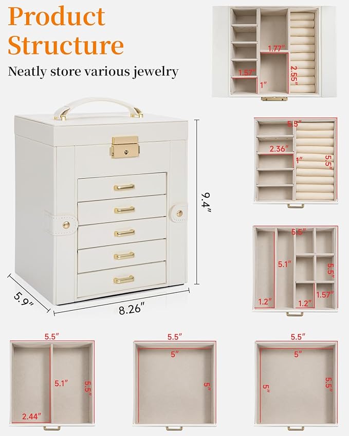 TORIBIO Large Jewelry Box for Women, Leather Jewelry Organizer with Mirror & Lock, 6-Tier Jewelry Storage Case for Girls/Women/Mothers, Necklace Earring Bracelets Holder Organizer
