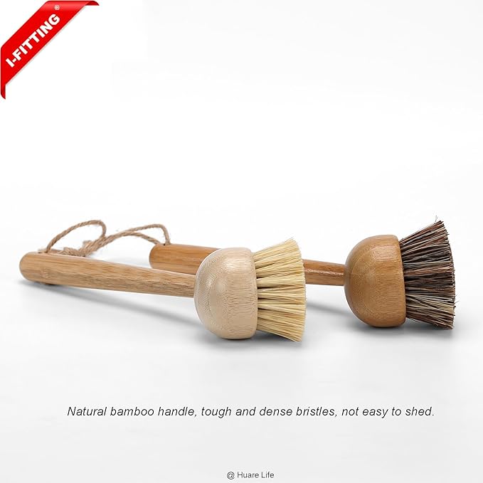 Bamboo Dish Scrubber, Dish Brushes with Bamboo Handle, Wooden Cleaning Scrubbers Stiff Bristles for Washing Kitchen Cast Iron Pan Pot, Kitchen Cleaning Set
