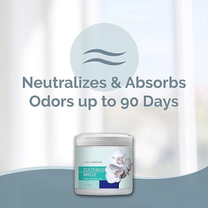 SMELLS BEGONE 15oz Gel Odor Eliminator - Absorb & Remove Tough Odors in Pet Areas, Bathrooms, Basements, Garage, Cars, RVs & Boats - Eliminate Odors Quickly (6-Pack, Soothing Breeze)