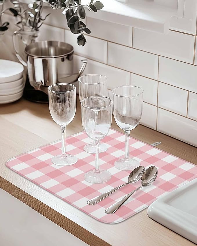 Pink Buffalo Plaid Dish Drying Mat for Kitchen Counter Valentine's Day Drying Pad Absorbent Drying Mats for Countertops Sinks Draining Racks Check Drainer Valentines Holiday Decorations 16x18 Inch