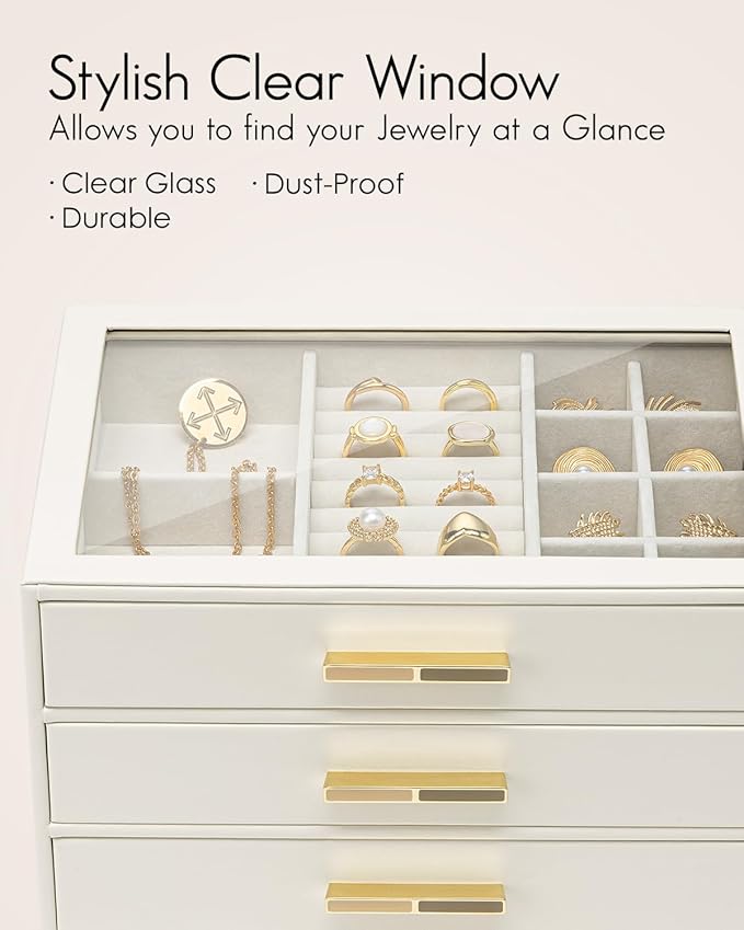Vlando Jewelry Box for Women Girls,Jewelry Organzier,3 Drawers,Glass Lid Jewelry Organizer Storage for Gem Diamond Necklaces Rings Earrings Bracelets White