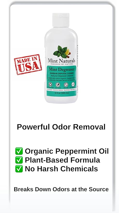 Natural Garbage Disposal Cleaner & Deodorizer – USDA Organic Peppermint Oil Formula That Helps Refresh Sink & Drain Pipes, 12 oz – Made in USA