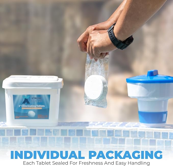 XtremeClear 3 Inch Stabilized Chlorine Tablets for Sanitizing Swimming Pools - Individually Wrapped, Slow Dissolving Chlorine - Tri-Chlor - 5 Pounds