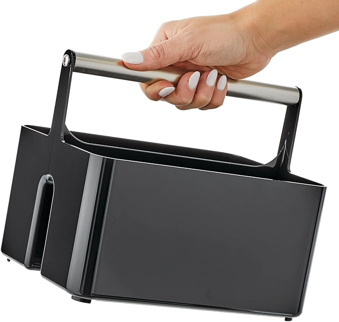 mDesign Plastic Shower Caddy Storage Organizer Utility Tote, Divided Basket Bin - Metal Handle for Bathroom, Dorm, Kitchen, Holds Soap, Shampoo, Conditioner - Aura Collection - Black/Brushed Chrome
