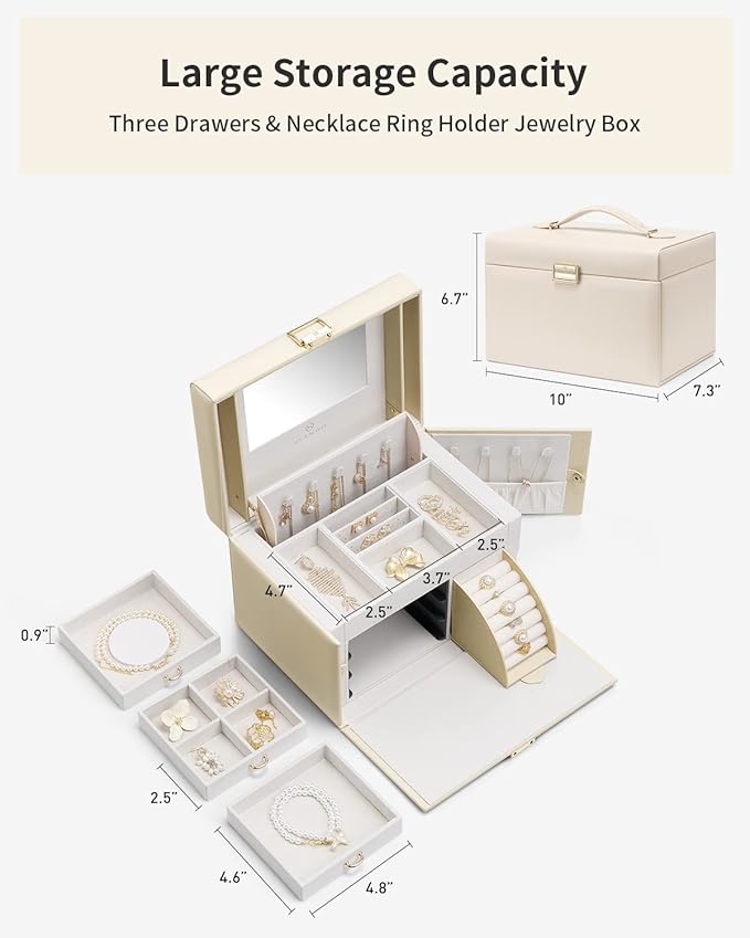Vlando Jewelry Box Organizer for Girls Women, Large Jewelry Holder Organizer with Mirror, 3 Drawers for Bracelets, Earrings, Rings, Necklaces, Mothers Day Gifts for Loved One, Apricot White