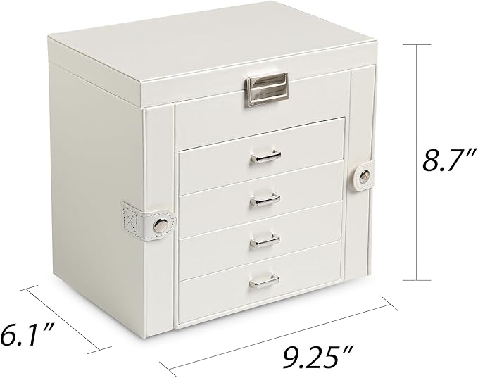 Frebeauty 5-layer Jewelry Box,Faux Leather Jewelry Organizer with 4 Drawers,Jewelry Organizers and Storage with Mirror,Jewelry Holder Organizer for Necklace,Jewerly Boxes for Women Girls(White)