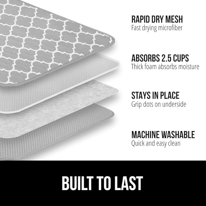 GORILLA GRIP Ultra Water Absorbent Microfiber Dish Drying Mat, 18x32, Quick Dry Thick Mesh, Slip Resistant Pad for Sink Dishes or Under Rack, Kitchen Counter Accessories, Machine Wash Mats, Quatrefoil