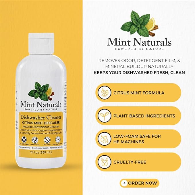 Mint Naturals Clean Cycle Dishwasher Cleaner & Degreaser – Removes Odor, Limescale & Grease Build-Up, Low-Foam Citrus Mint Formula – 12 oz Made in USA