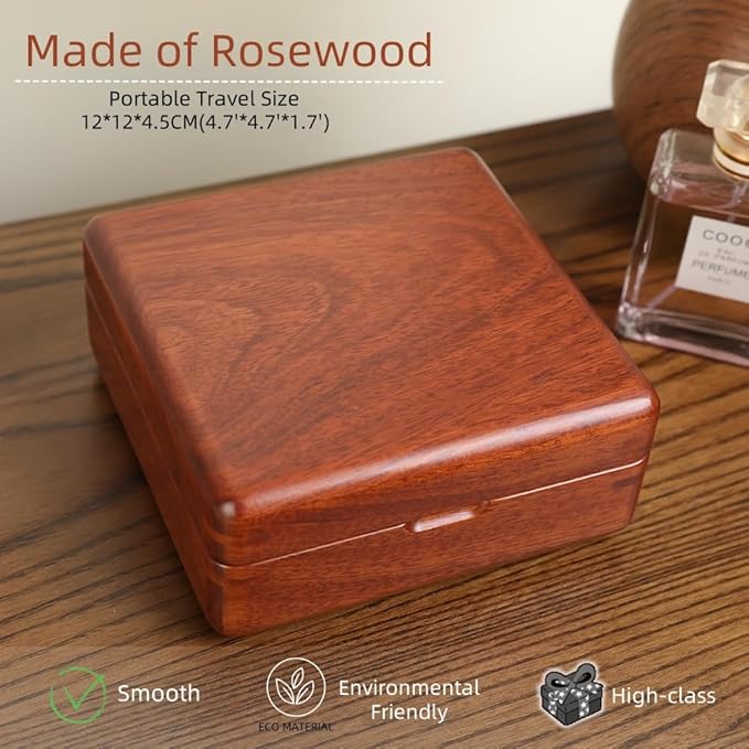 Solid Rosewood Cufflink Organizer Storage Box Genuine Wood Jewelry Case for 12 Cufflinks, Rings, Earrings Compact Travel Gift with Velvety Lining (Dark Brown/Light Coffee)