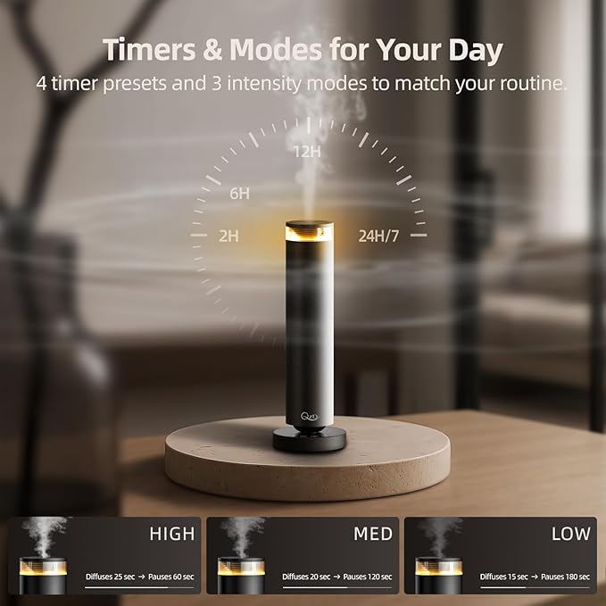 A5 Waterless Essential Oil Diffuser Starter Kit – 1000 Sq Ft Large Room Waterless Diffuser for Home, Hotel Scent Diffuser with Remote Control & Halo Light, Includes 4×40ml Oils, Black Aluminum