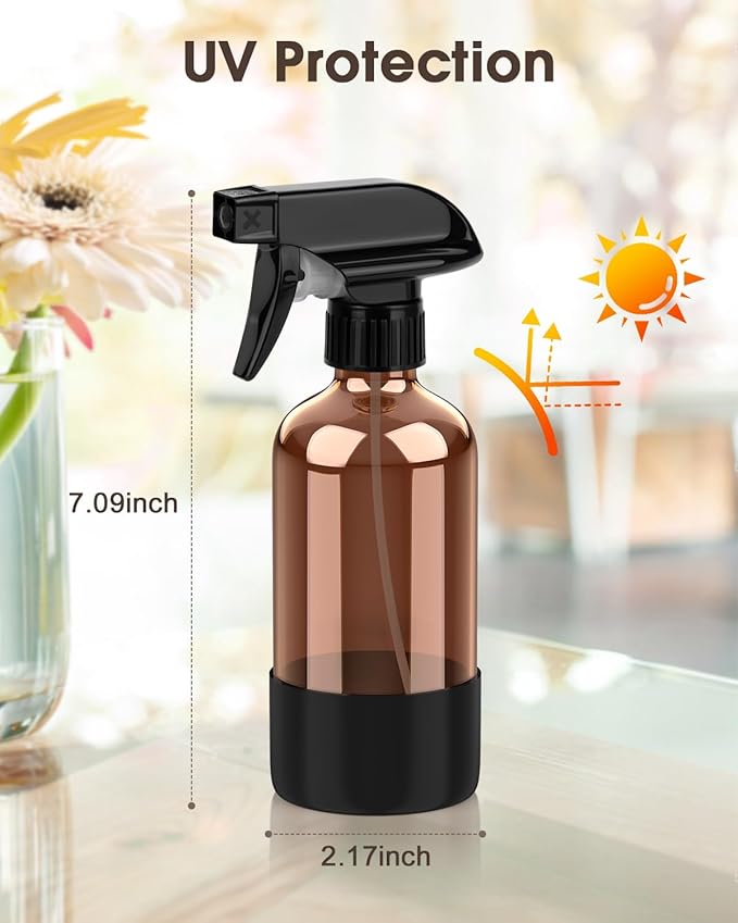 Bontip Glass Spray Bottle with Silicone Sleeve Protection, Amber Glass Spray Bottle Set for Window Cleaner Aromatherapy Facial Hydration Watering Flowers Hair Care 2 Pack/8 oz (Black)