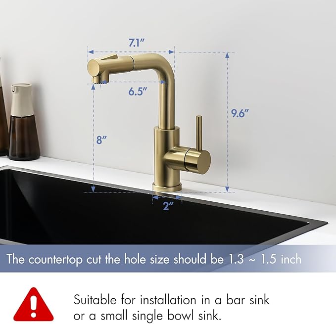 GIMILI Modern Bar Sink Faucet for Kitchen Sink Single Handle with Pull Out Sprayer Hot and Cold Prep Sink Faucet Brushed Gold
