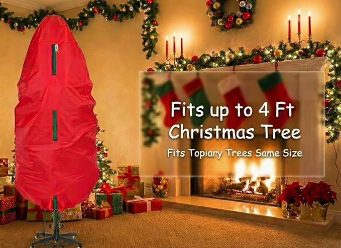 Upright Christmas Tree Storage Bag - Fits 4 Ft Artificial Xmas & Topiary Tree, Vertical Holiday Cover, Durable, Dustproof & Easy-Use Xmas Storage, Red