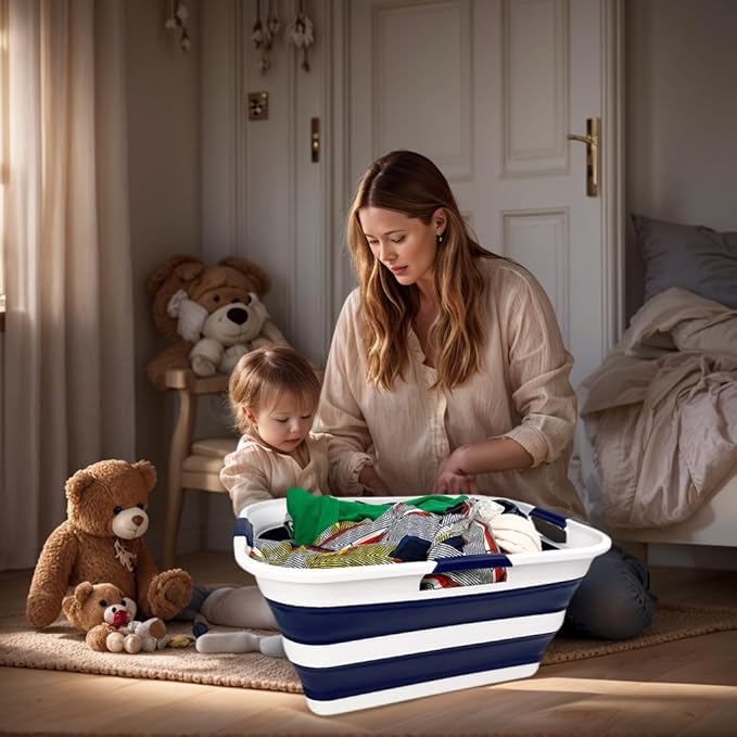 SAMMART 42 (11 Gallons) Collapsible Plastic Laundry Basket, Foldable Pop Up Storage Container/Organizer, Space Saving Hamper, Portable Bin for Dorm Room Bathroom (2, White/Starry Blue)