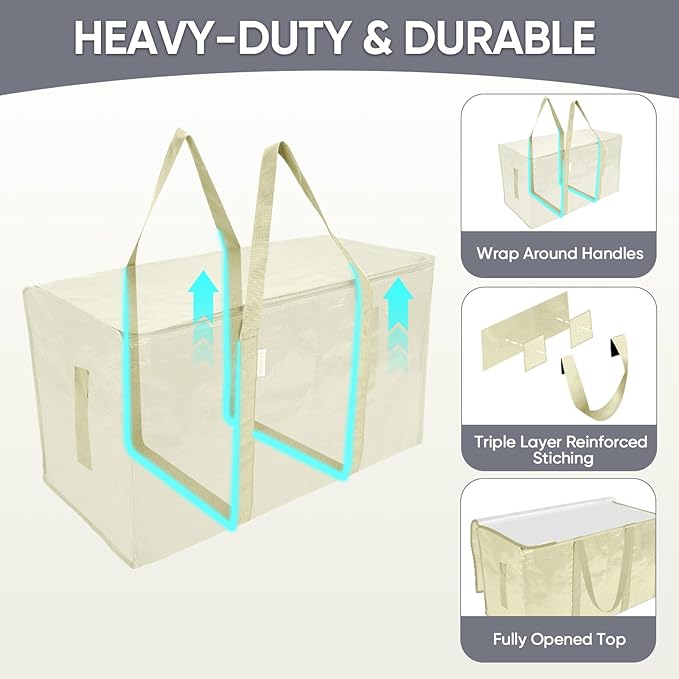 TICONN 8 Pack Extra Large Moving Bags Heavy Duty with Zippers & Carrying Handles, Durable Storage Bags Moving Boxes for Closet Organizers and Storage (8 Pack, Cream)
