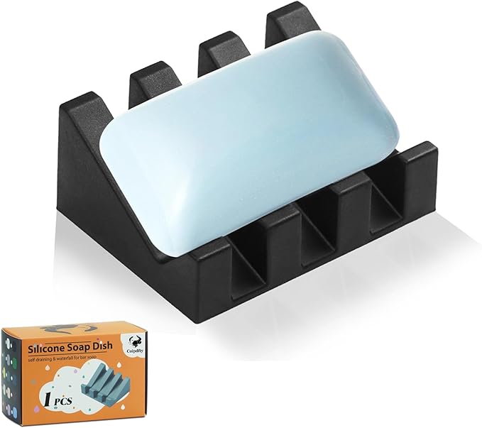 Coipdfty Self Draining Soap Dish Holder,Silicone Soap Dish,for Bathroom,Kitchen, Sponges，Can Extend Soap Life，Keep Soap Bars Dry and Easy Cleaning (Black,1-Pack)
