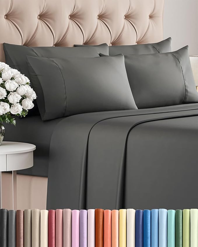 Queen 6 Piece Sheet Set - Comfy Breathable & Cooling - Ultra-Soft Hotel Luxury Bedding Set with 8-16 Inch Deep Pockets - 1 Flat & 1 Fitted Sheet & 4 Pillowcases - Wrinkle Free & Easy Care - Charcoal