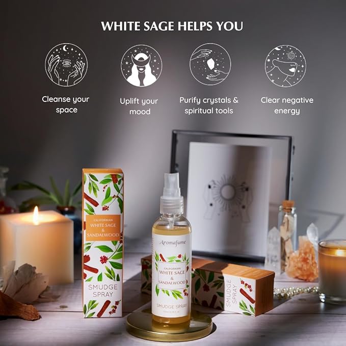 White Sage & Sandalwood Smudge Spray by Aromafume | 100ml/3.3 oz | Sage Spray for Cleansing Negative Energy & Protection | Non-Toxic | Room Spray for Spiritual Cleansing, Smokeless Sage Smudging