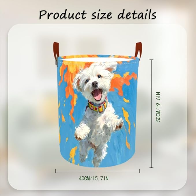 Laundry Basket 15.7x19.7 Inch Jumping White Dog with Sunshine Design Collapsible Laundry Hamper with Handles Oxford Fabric Foldable Clothes Storage Bin for Bedroom Bathroom Dorm