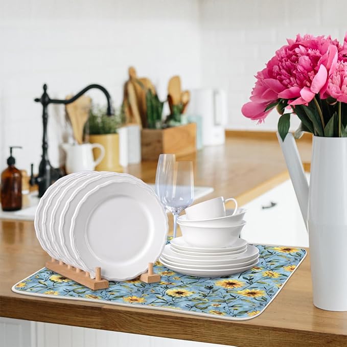 Hexteria Sunflower Dish Drying Mats for Kitchen Counter, Quick Dry Dish Mat 16 x 18 Inches, Dishes Draining Mats Foldable Dish Rack Pad, Sunflower