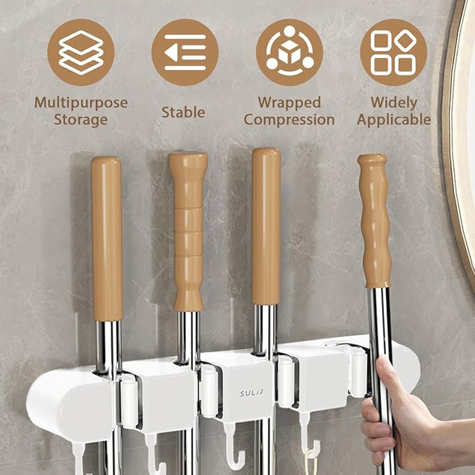 3PCS Broom Holder Wall Mount, No-Drilling Self-Adhesive Mop and Broom Storage Rack (4 Racks with 5 Hooks),Wall-Mounted Broom Hanger for Bathroom, Kitchen, Closet, Garage, White
